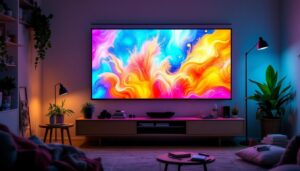 A photograph of a vibrant diy video wall setup in a modern living space