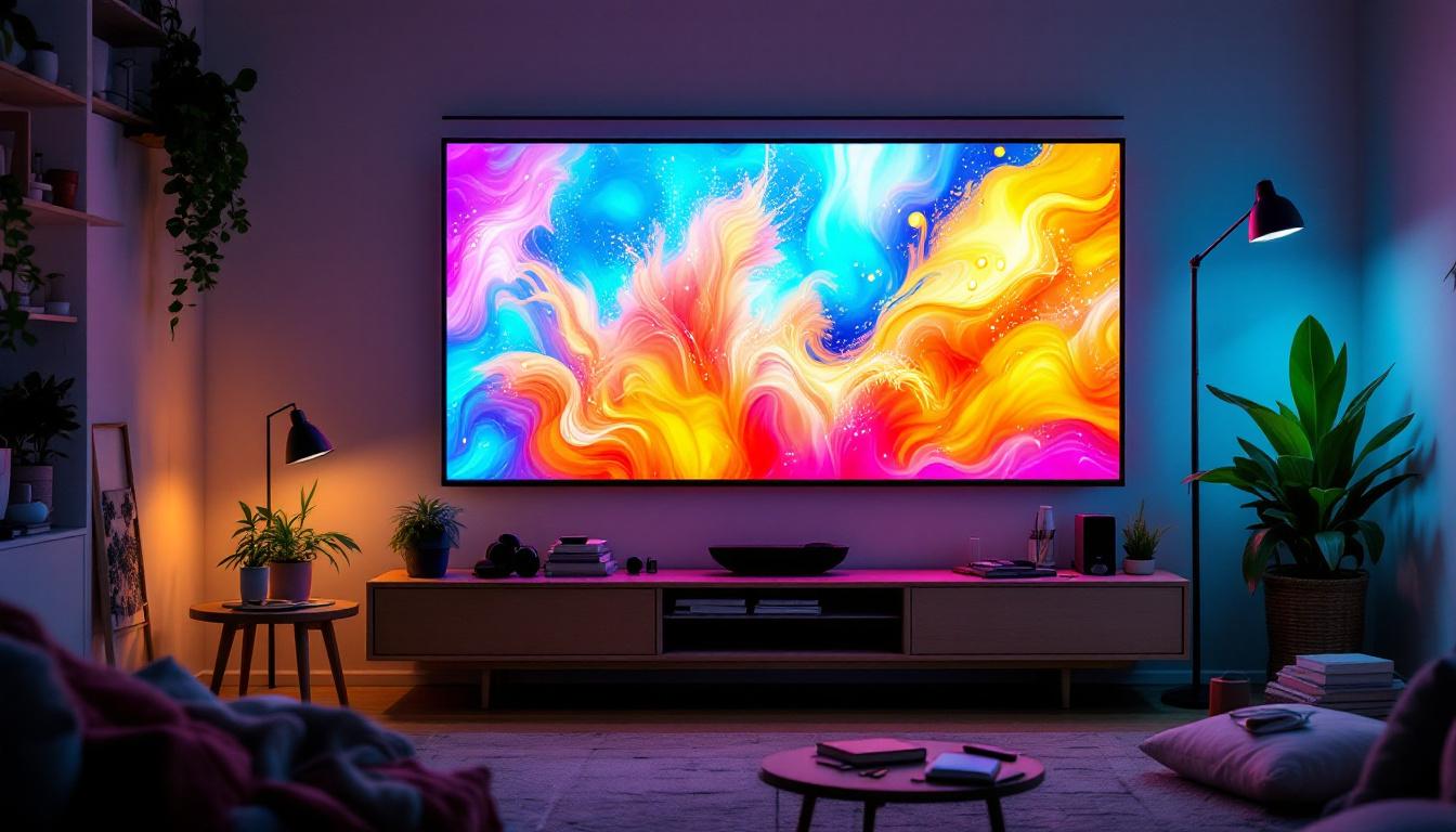 A photograph of a vibrant diy video wall setup in a modern living space