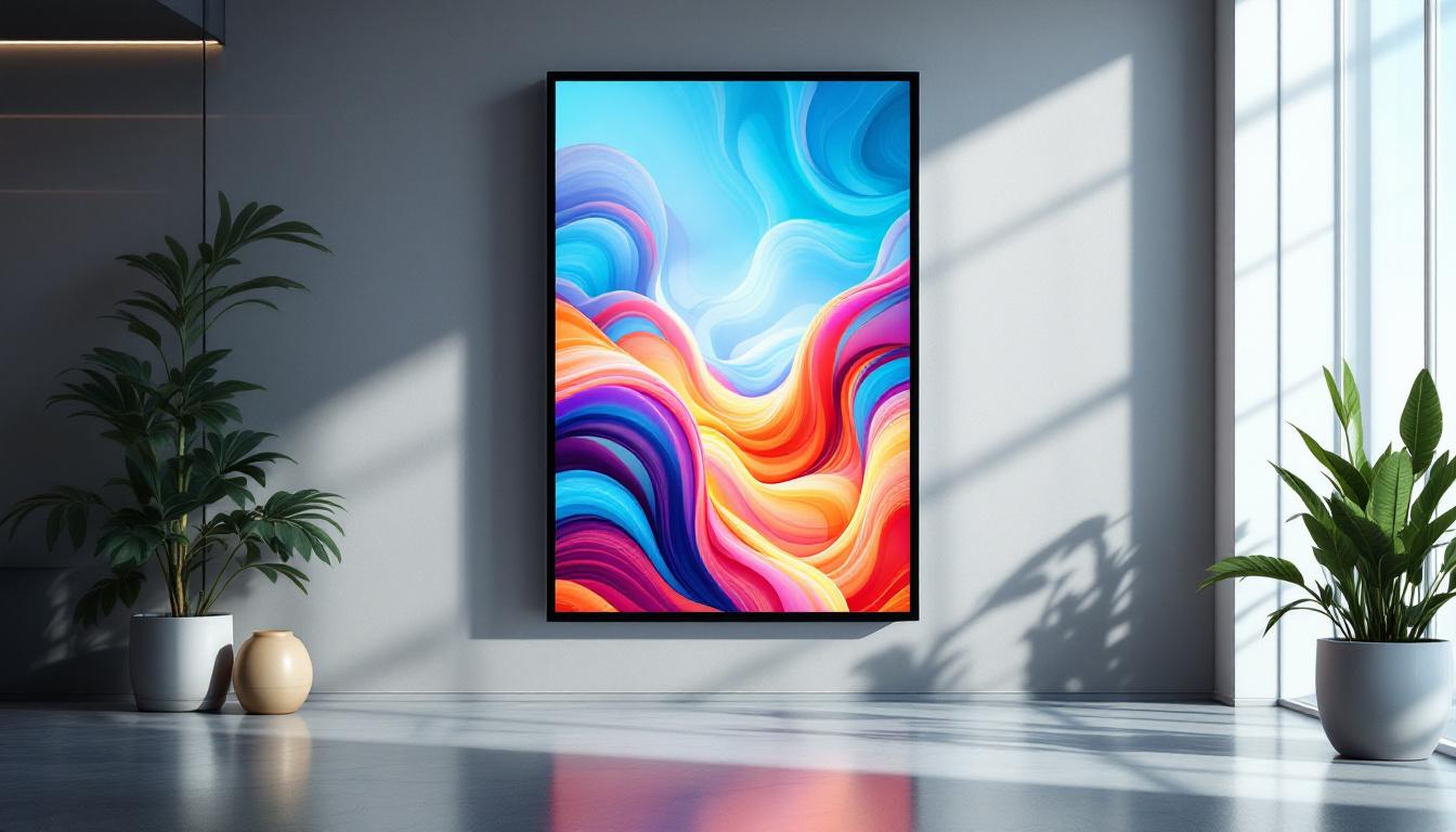 A photograph of a stylish adjustable poster frame showcasing a vibrant led display