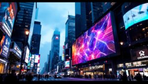 A photograph of a vibrant led display in a bustling urban environment