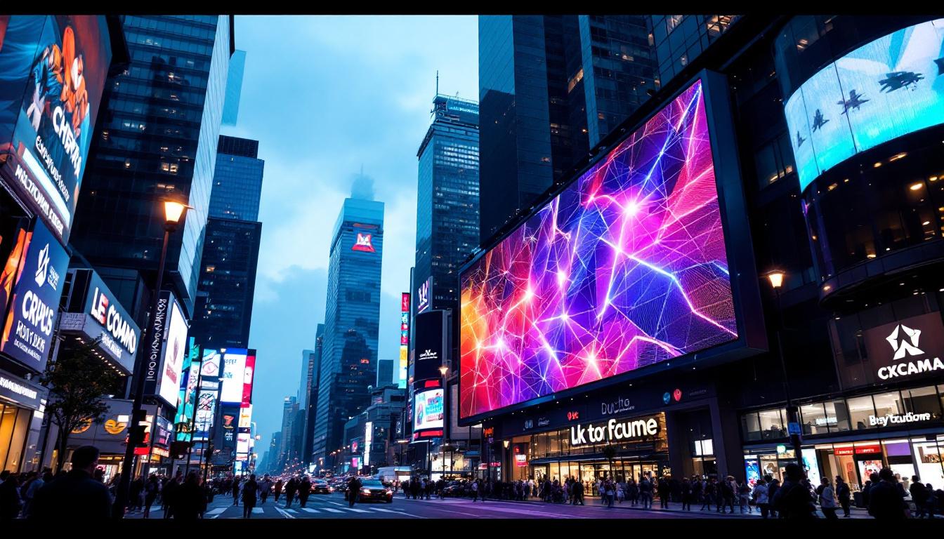 A photograph of a vibrant led display in a bustling urban environment