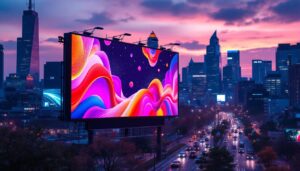 A photograph of a vibrant led billboard displaying dynamic advertisements in an urban setting