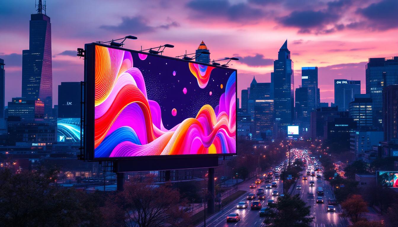 A photograph of a vibrant led billboard displaying dynamic advertisements in an urban setting
