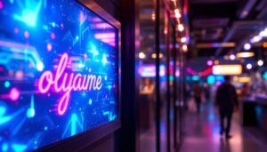 A photograph of a vibrant led panel displaying dynamic graphics or text in a commercial setting