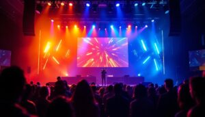 A photograph of a vibrant church stage setup featuring an led display