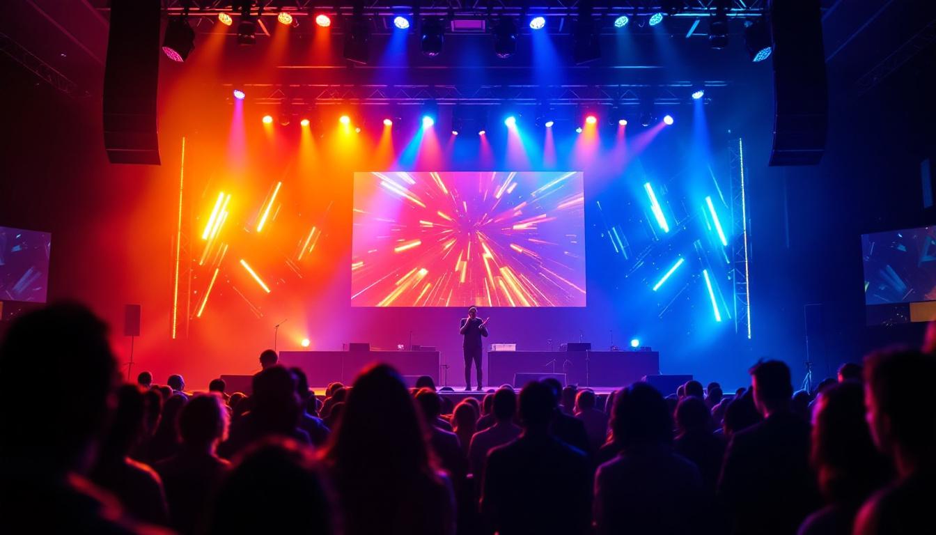A photograph of a vibrant church stage setup featuring an led display