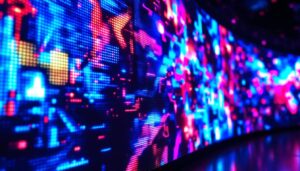A photograph of a vibrant led display showcasing dynamic visuals