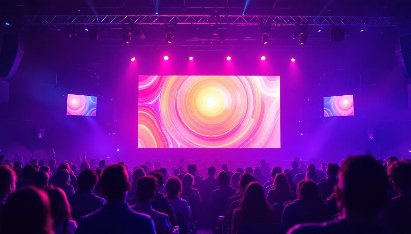 A photograph of a vibrant rental led wall in a dynamic event setting