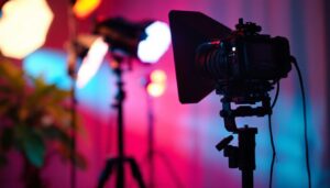 A photograph of a well-lit video production setup featuring led lights illuminating a subject