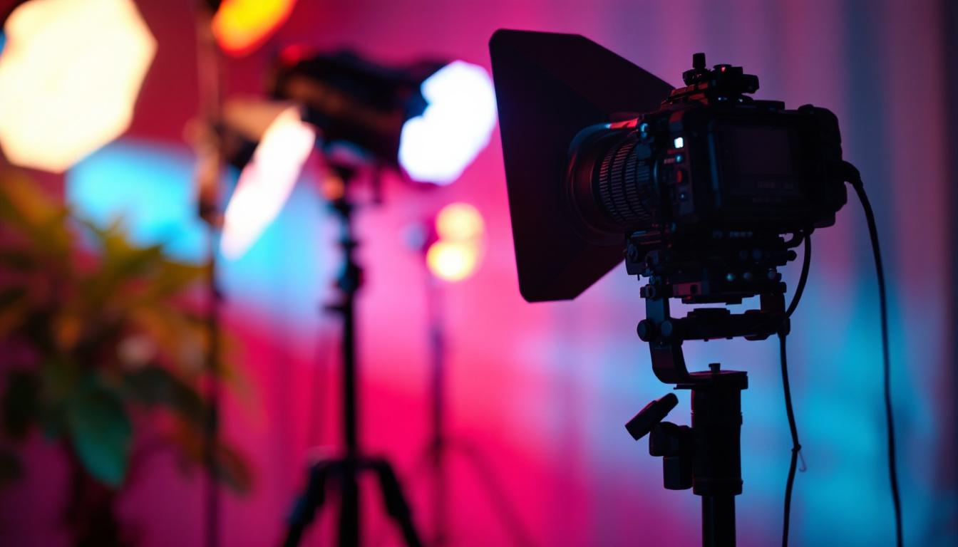A photograph of a well-lit video production setup featuring led lights illuminating a subject