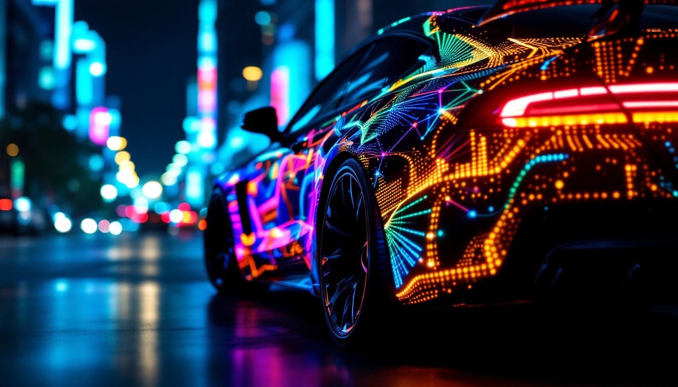 A photograph of a vibrant car led display illuminated at night