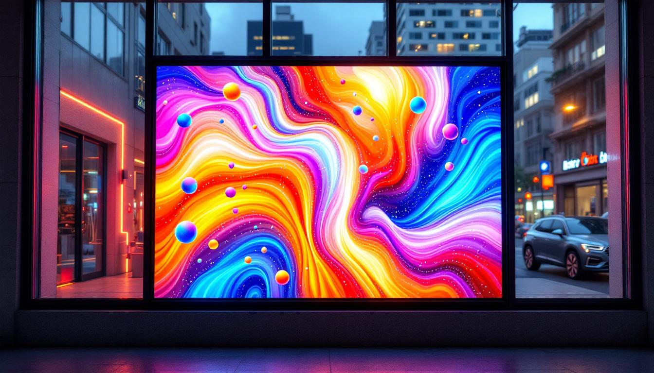 A photograph of a vibrant led film screen installed in a window