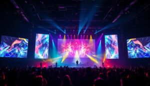 A photograph of a vibrant stage setup featuring a large led display in action