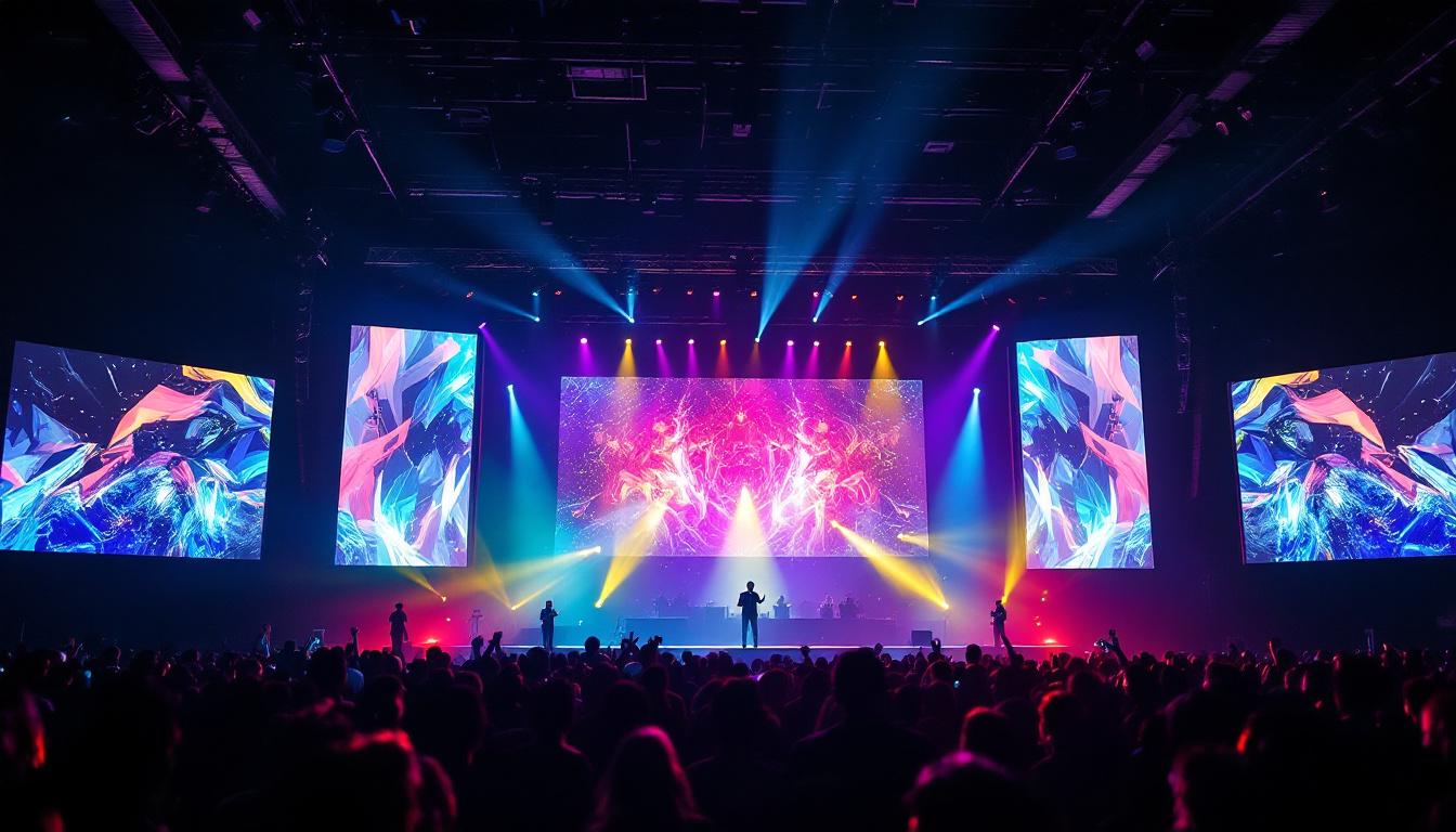 A photograph of a vibrant stage setup featuring a large led display in action
