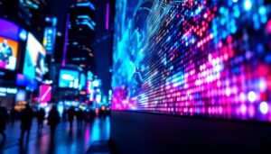 A photograph of a vibrant led display in a dynamic urban setting at night