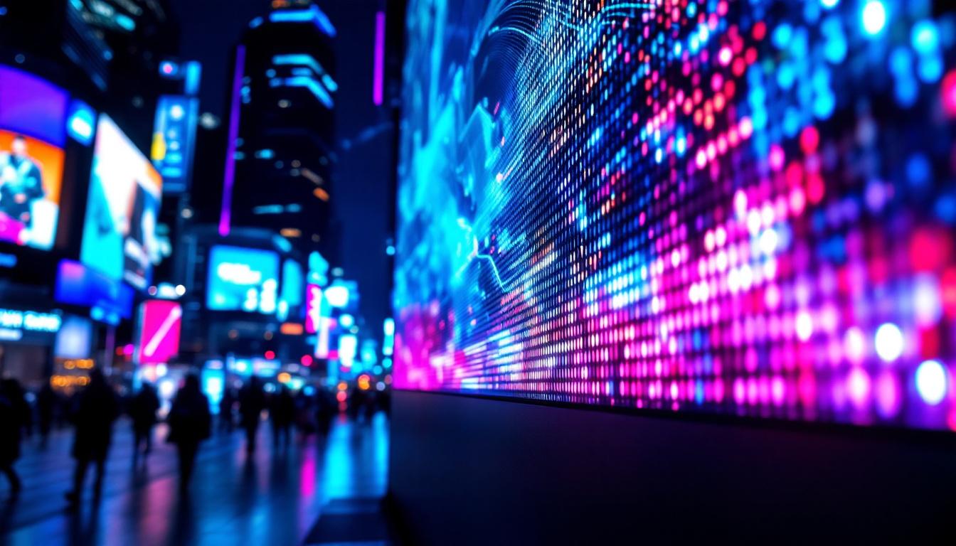 A photograph of a vibrant led display in a dynamic urban setting at night