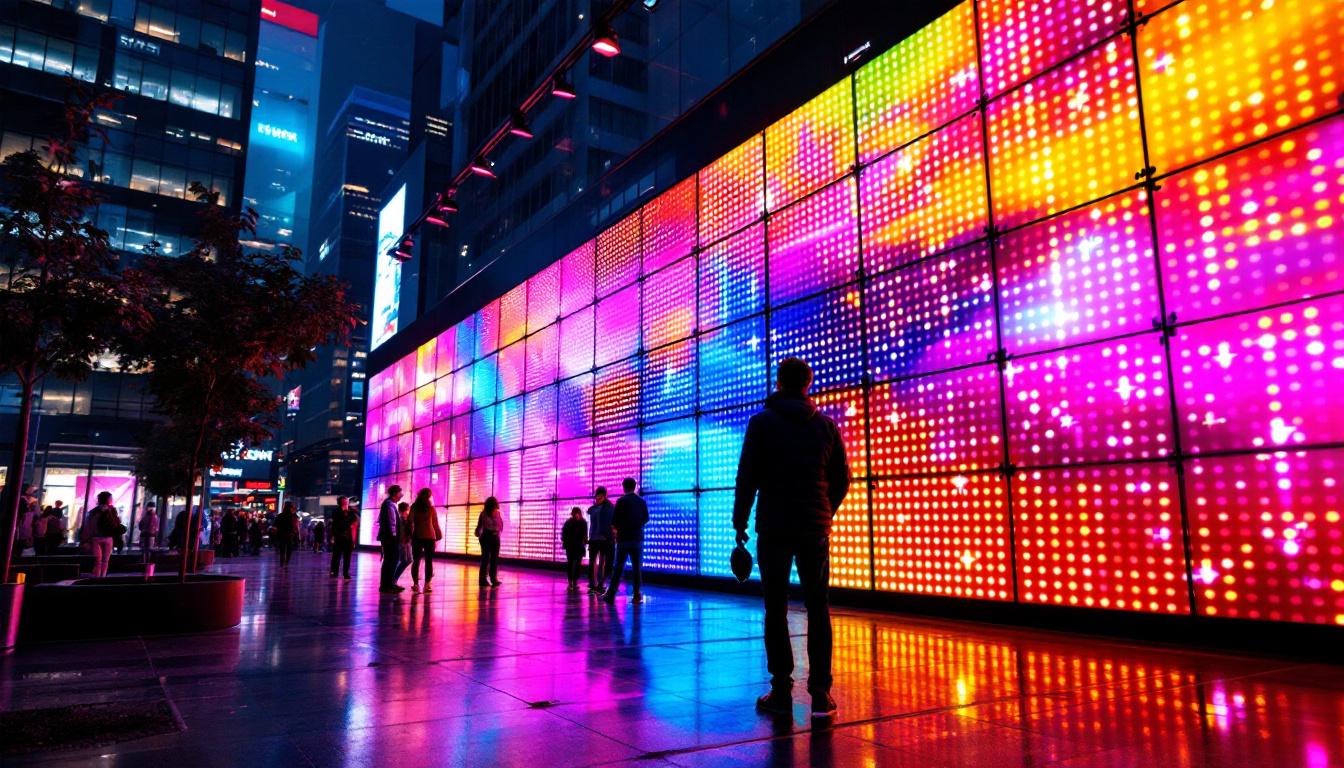 A photograph of a vibrant led wall display in an urban setting