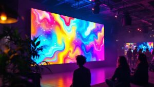 A photograph of a vibrant custom-shaped led screen in an engaging environment