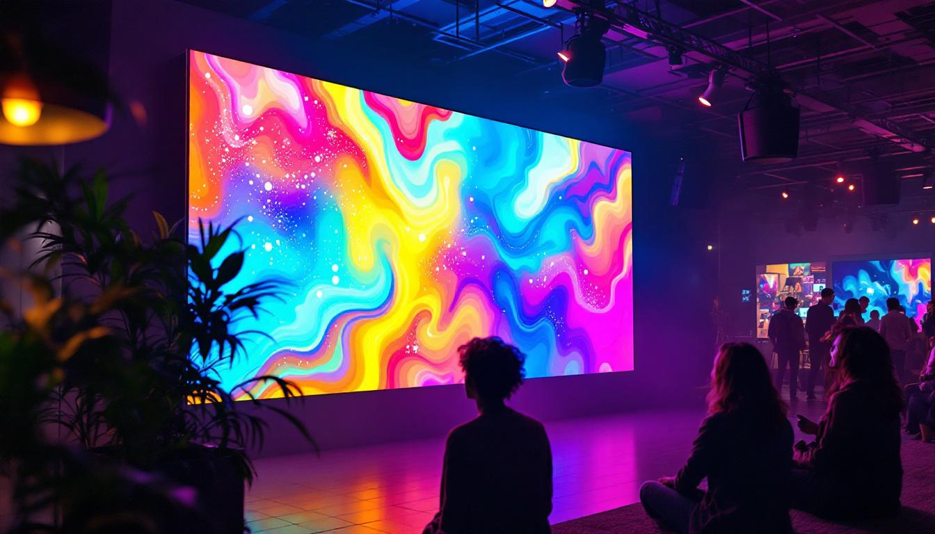 A photograph of a vibrant custom-shaped led screen in an engaging environment