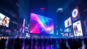 A photograph of capture a photograph of a vibrant led display in a dynamic urban setting
