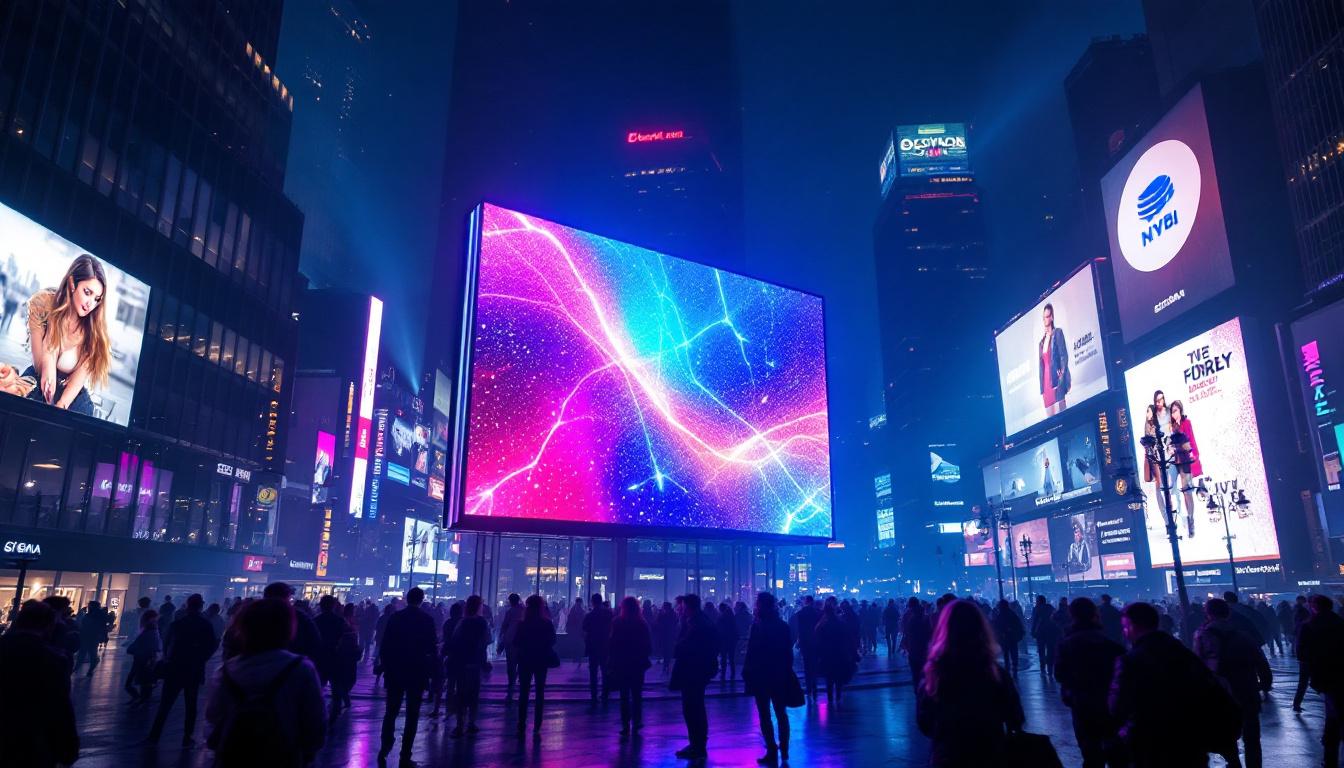A photograph of capture a photograph of a vibrant led display in a dynamic urban setting
