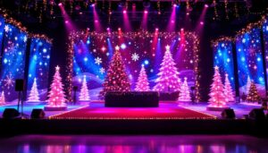 A photograph of a beautifully decorated stage featuring a vibrant led display
