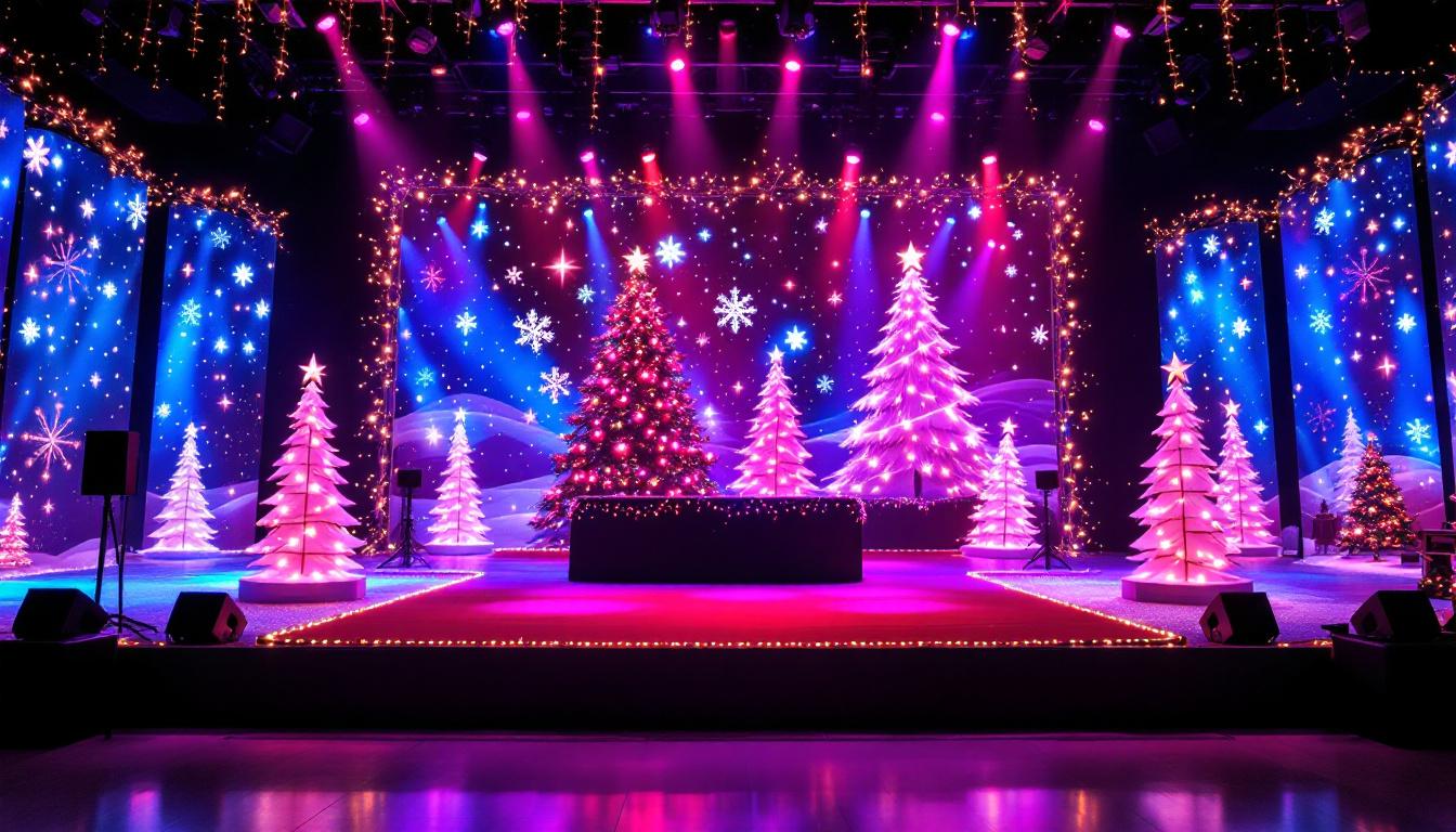 A photograph of a beautifully decorated stage featuring a vibrant led display