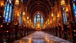 A photograph of a beautifully decorated church interior showcasing vibrant led displays