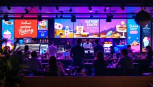 A photograph of capture a photograph of the vibrant led display at oakmont bakery