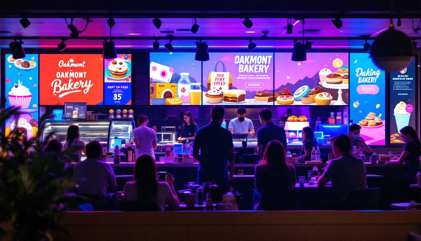 A photograph of capture a photograph of the vibrant led display at oakmont bakery