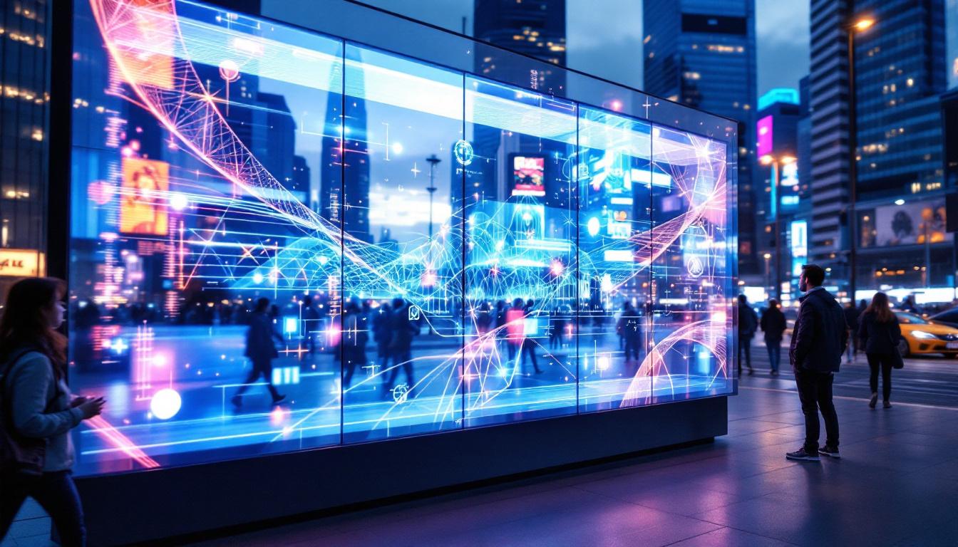 A photograph of a vibrant led transparent screen showcasing dynamic visuals in an urban setting