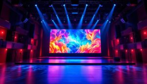 A photograph of a vibrant theater stage showcasing a large