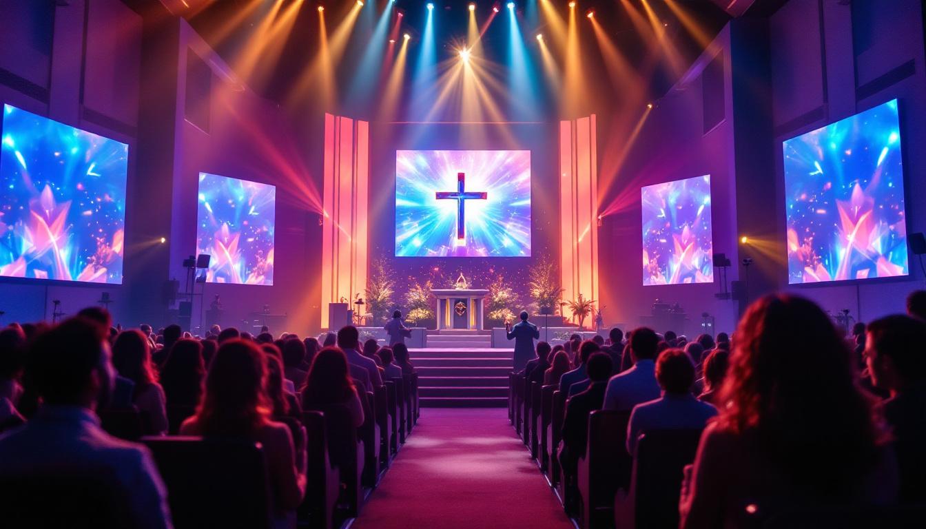 A photograph of a vibrant easter sunday church service featuring a beautifully decorated altar with an led display showcasing colorful