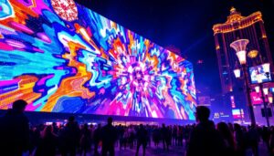 A photograph of capture a photograph of a vibrant led display in las vegas at night