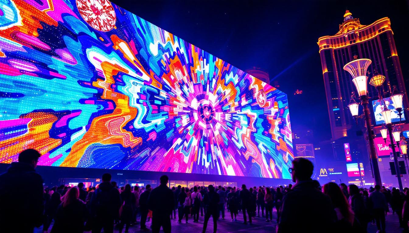 A photograph of capture a photograph of a vibrant led display in las vegas at night