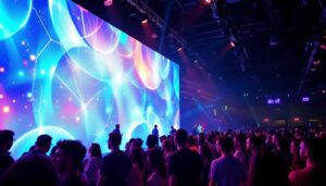 A photograph of a vibrant event scene featuring an led backdrop in action