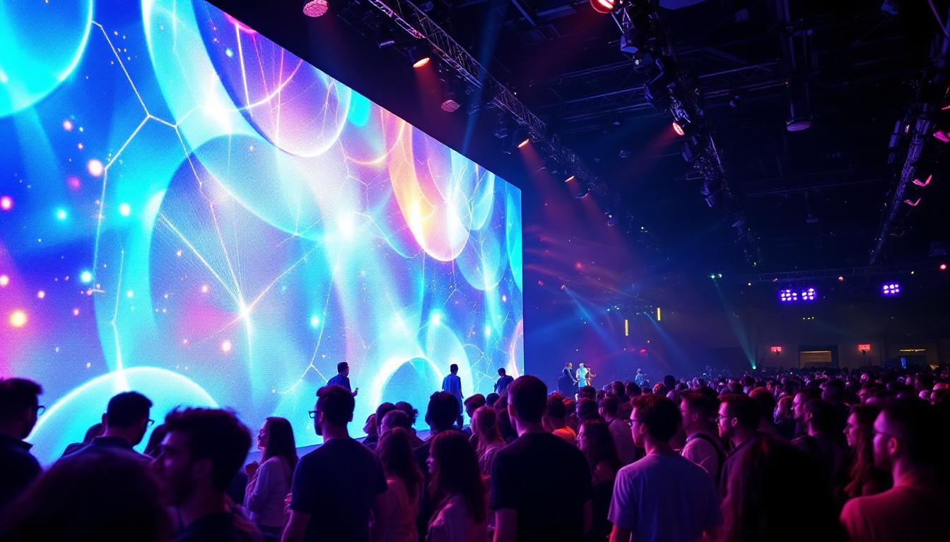 A photograph of a vibrant event scene featuring an led backdrop in action