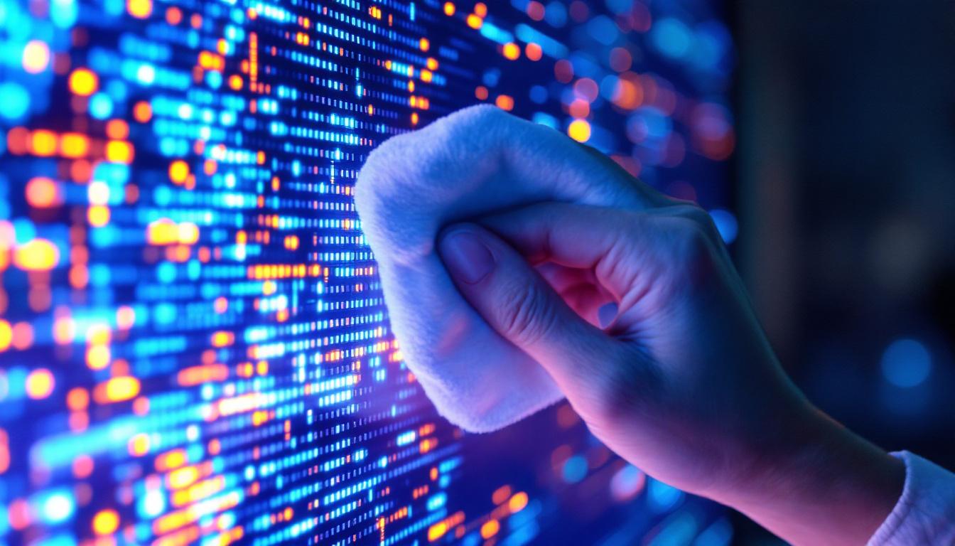 A photograph of a close-up of a person gently cleaning an led screen with a microfiber cloth