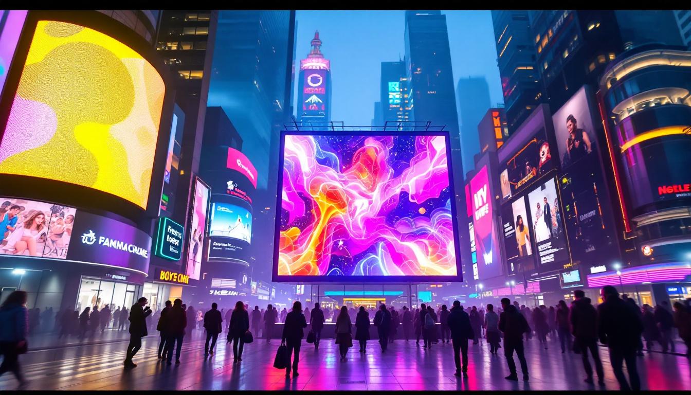 A photograph of a vibrant led display in a bustling urban setting