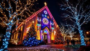 A photograph of capture a photograph of a beautifully decorated church exterior illuminated by vibrant led displays