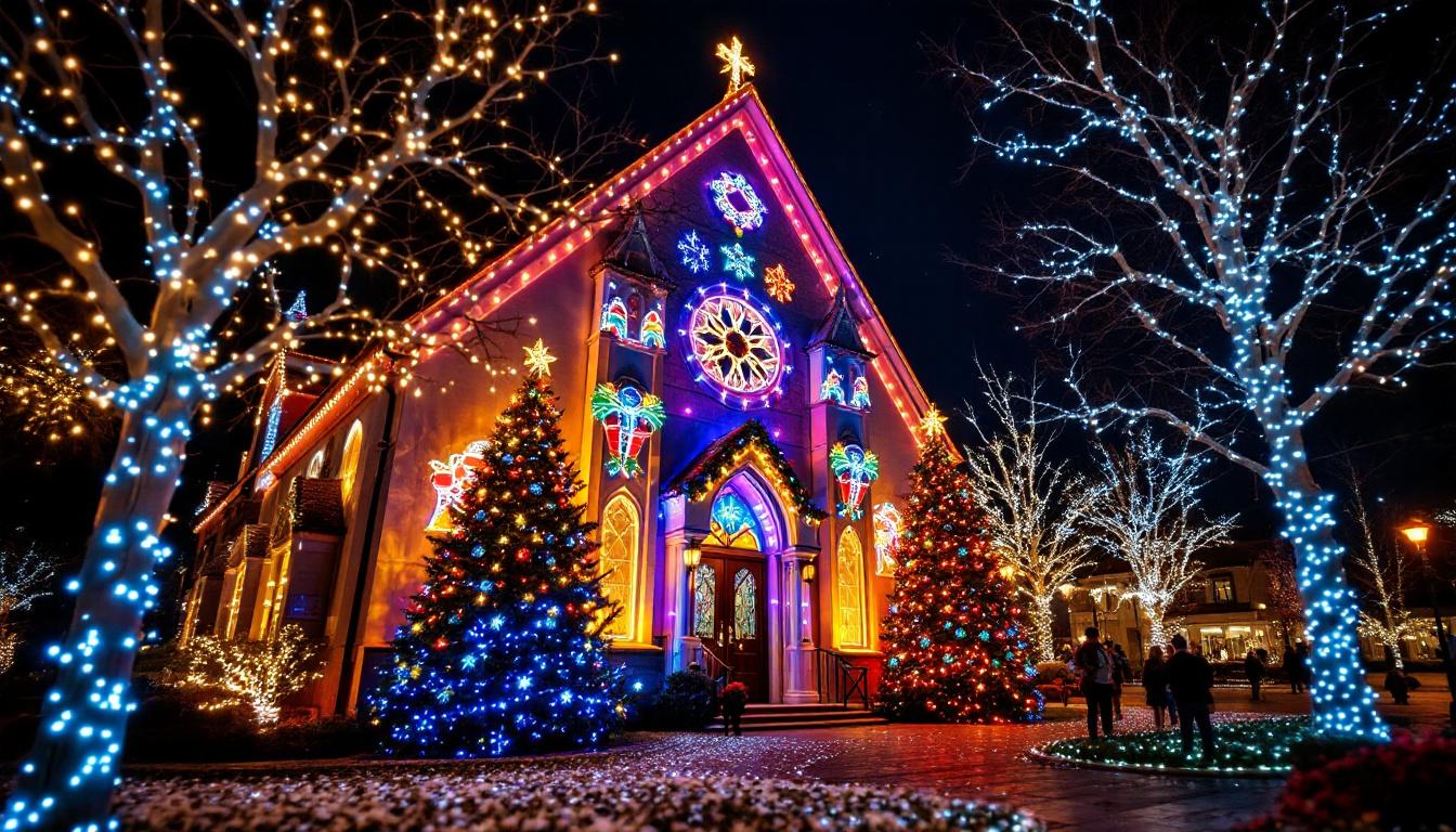 A photograph of capture a photograph of a beautifully decorated church exterior illuminated by vibrant led displays