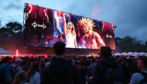A photograph of a vibrant outdoor event featuring a large mobile led display in action
