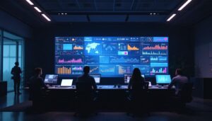 A photograph of a modern control room featuring a large led video wall displaying dynamic data and visuals