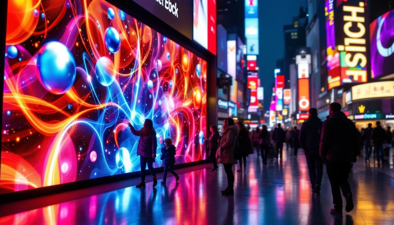A photograph of a vibrant led display in a bustling urban environment