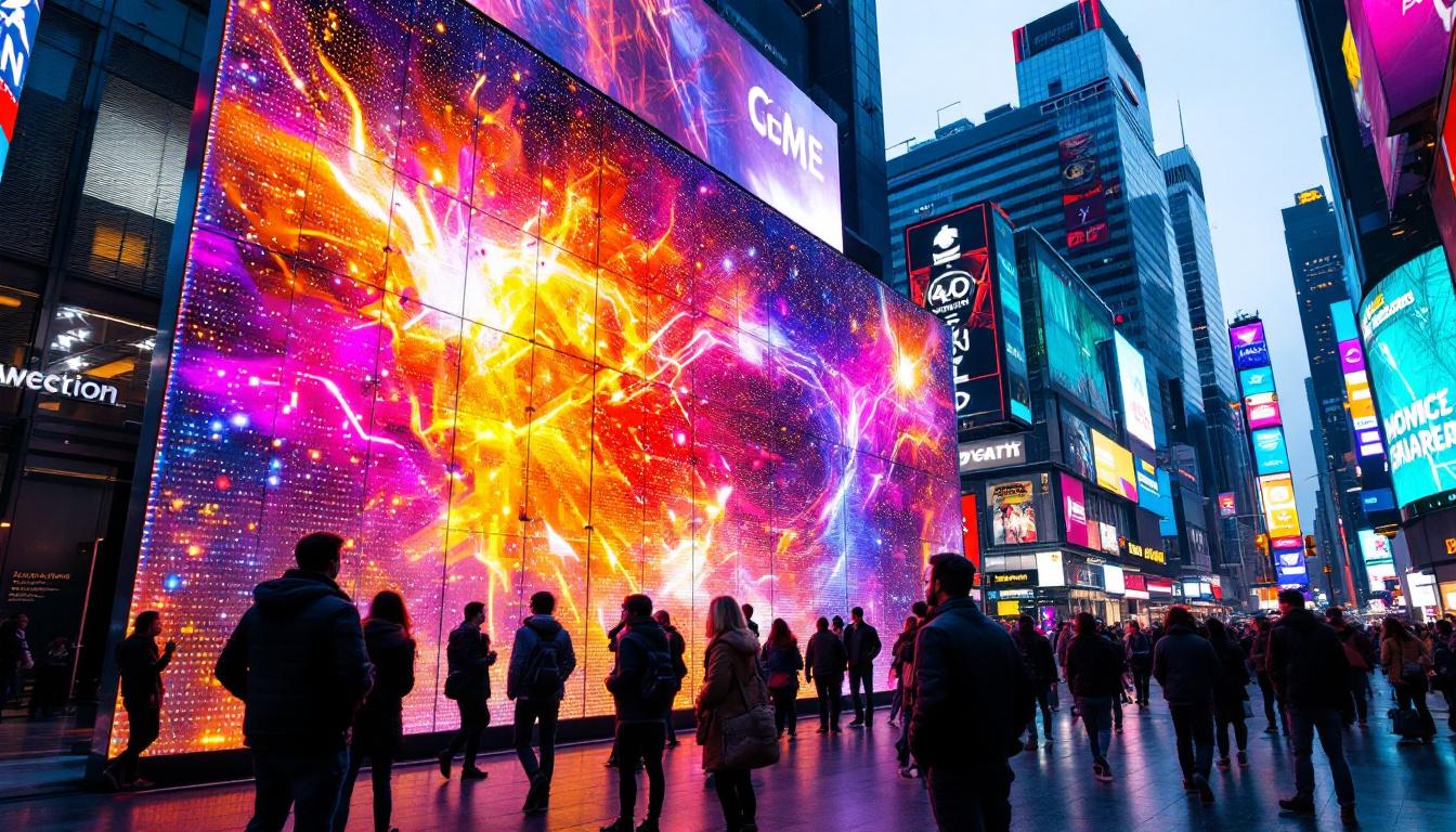 A photograph of a vibrant led display in a dynamic urban setting
