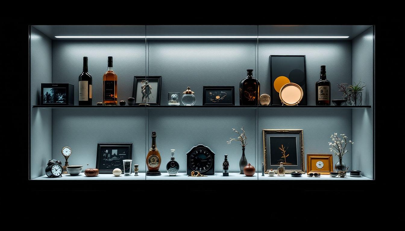 A photograph of a sleek wall display case illuminated by soft led lighting