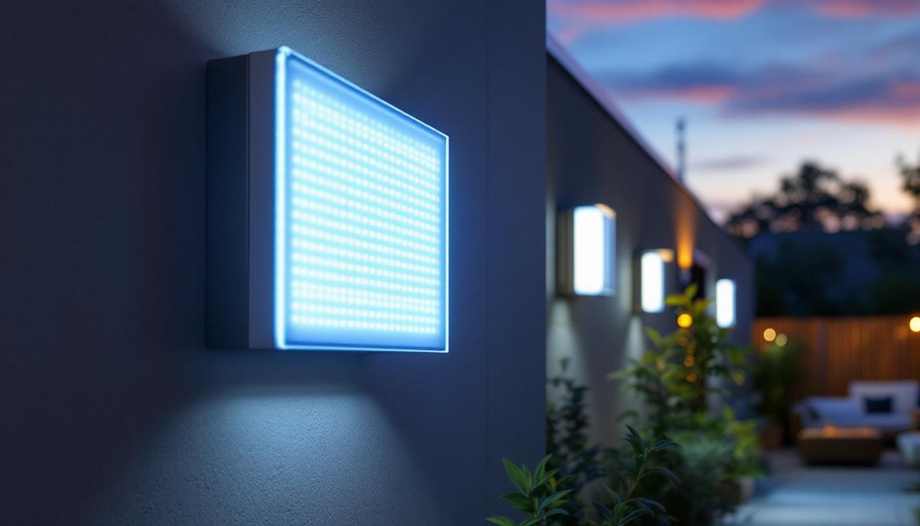 A photograph of a vibrant led wall pack installation illuminating an outdoor space at dusk