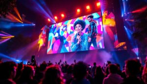 A photograph of capture a photograph of a vibrant outdoor event showcasing a large led screen in action