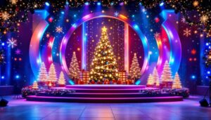 A photograph of a beautifully decorated christmas stage featuring an eye-catching led display