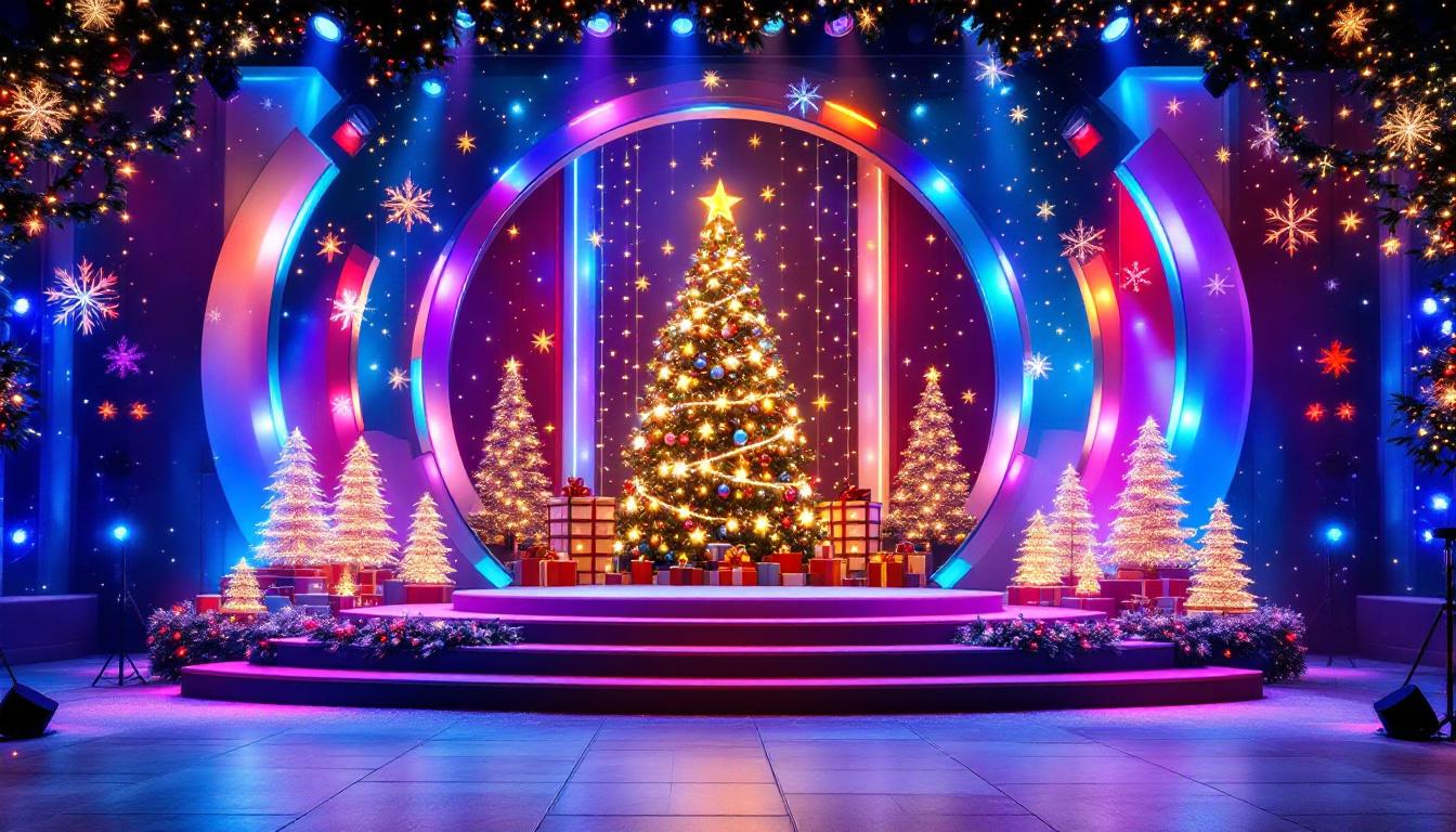 A photograph of a beautifully decorated christmas stage featuring an eye-catching led display